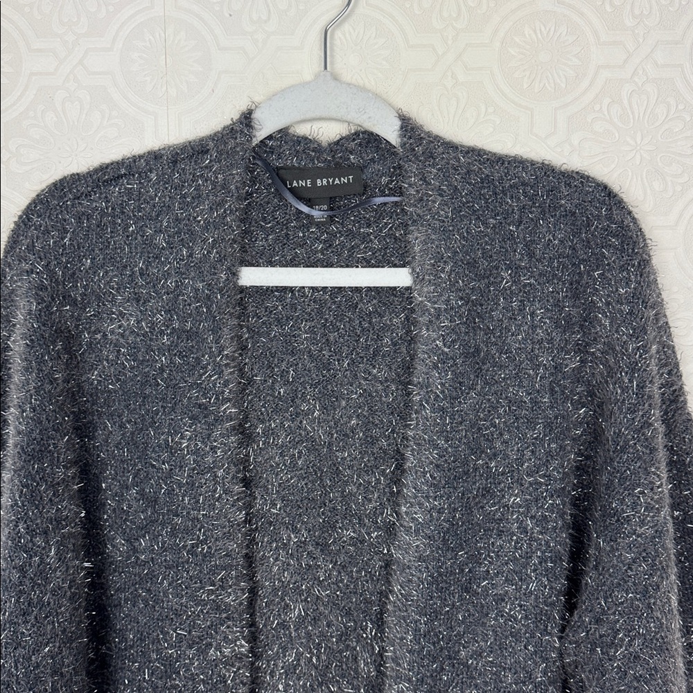 Lane Bryant Fuzzy Open Front Cardigan Gray Metallic Knit Size 18 20 Holidays NYE - Picture 2 of 8